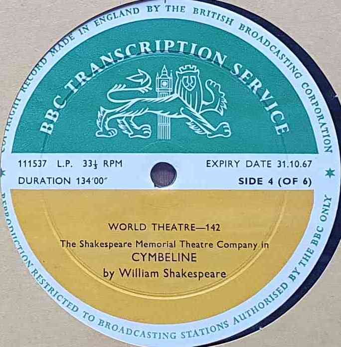 111534 World theatre - 142 - Cymbeline (Sides 1 & 4 of 6) William Shakespeare from the BBC records and Tapes library Label